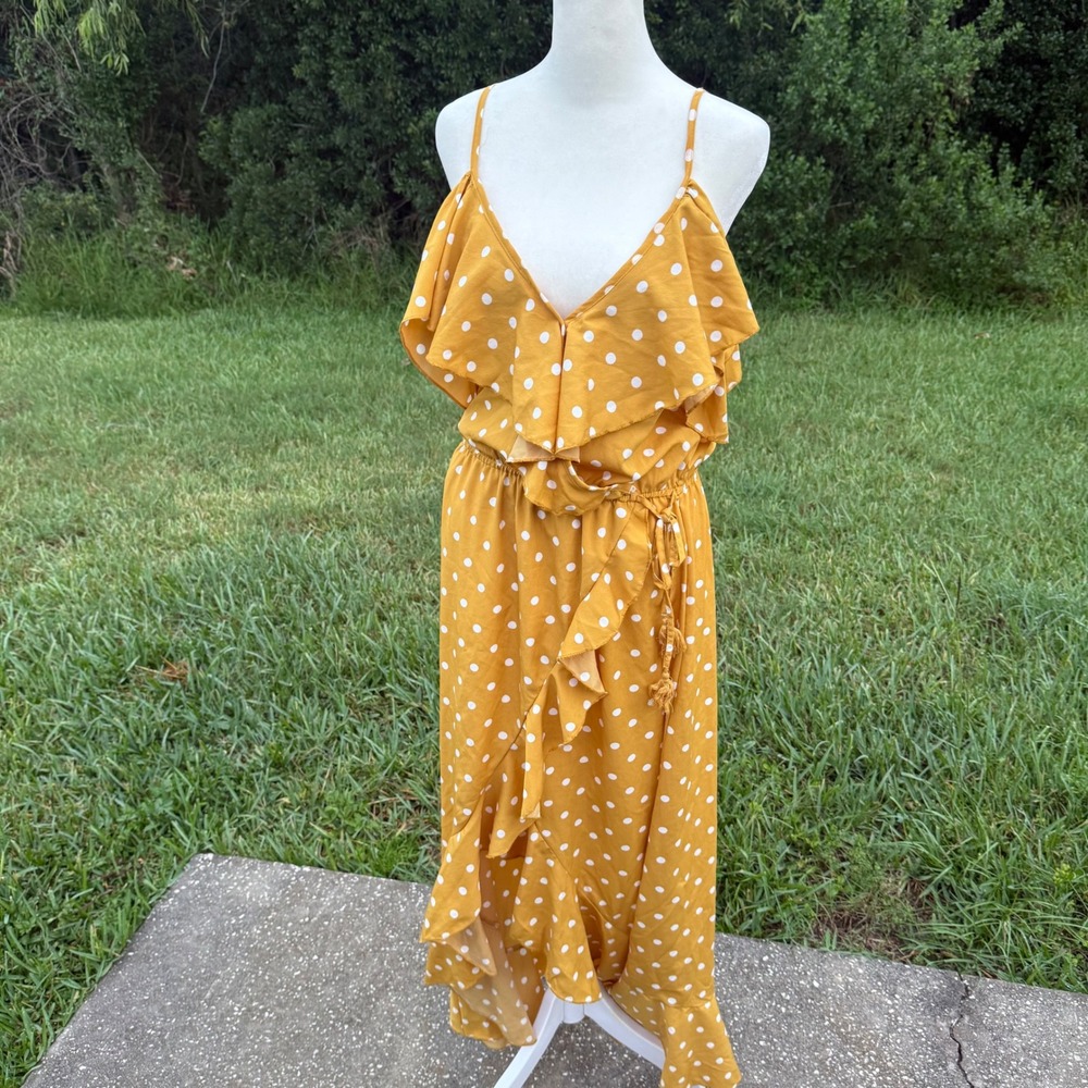 Polka Dot Ruffle Boho Coquette Faux Wrap Beachy Maxi Dress Womens M Mustard